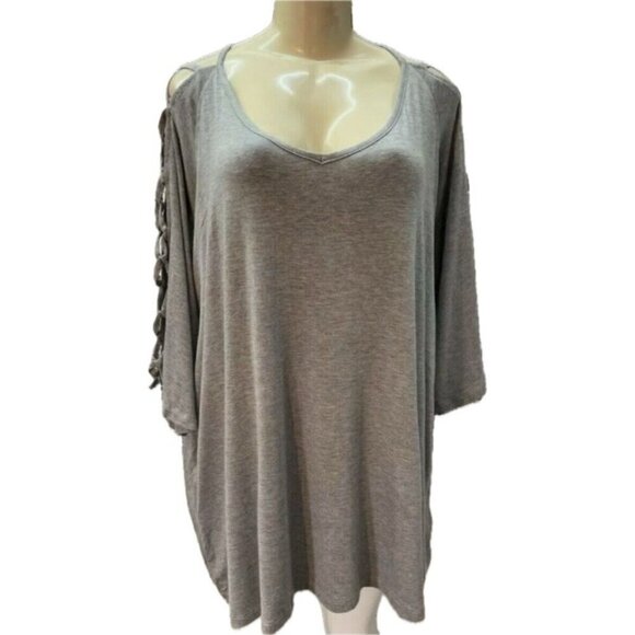 Rhonda Shear Plus 3X Gray Heather Soft V-Neckline Lattice Open 3/4 Sleeve Top - Picture 2 of 6